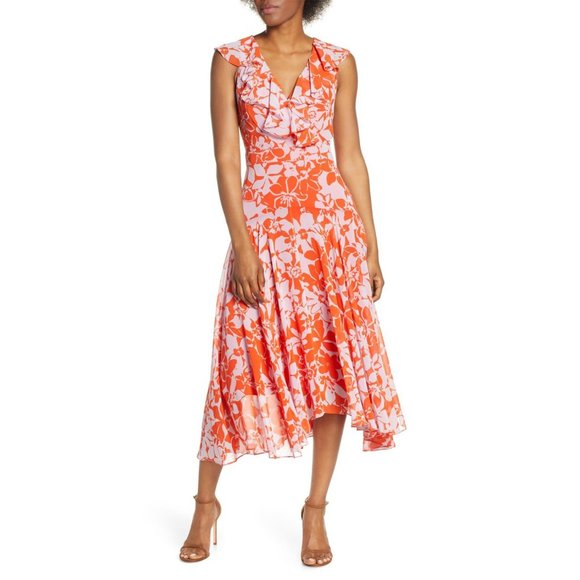 Eliza J Dresses & Skirts - NWT Eliza J Print Handkerchief Hem Midi Dress V Neck Poppy Orange Pink 4P Petite